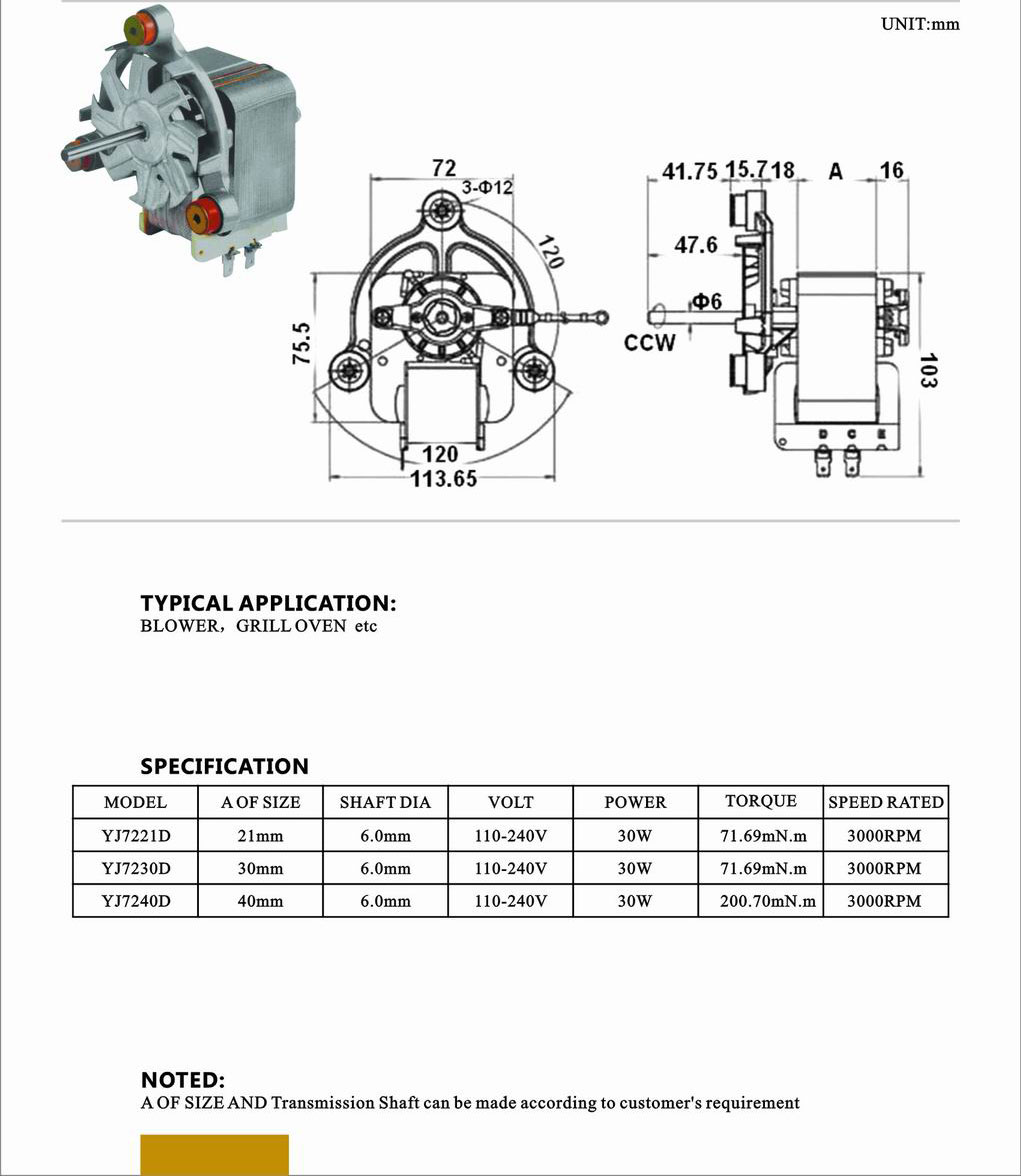 YJ 7230 Kitchen Tool OEM Single Phrase Electrical Motor